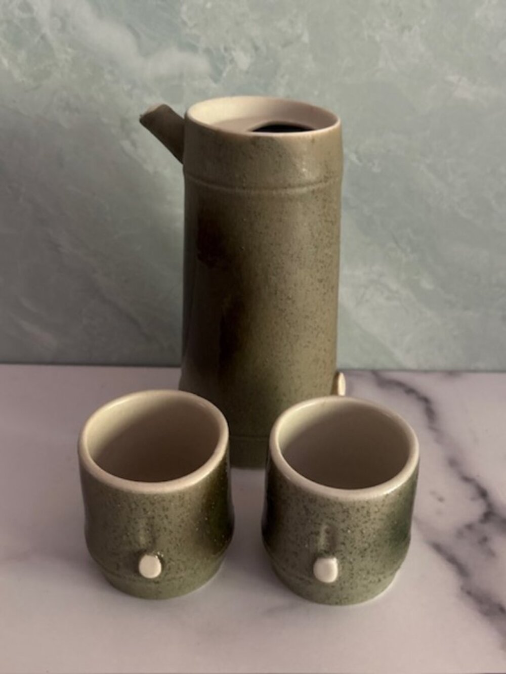 Vintage Japanese Saki Set Green Ceramic, 3 pieces, 2 Cups and Server Rice wine